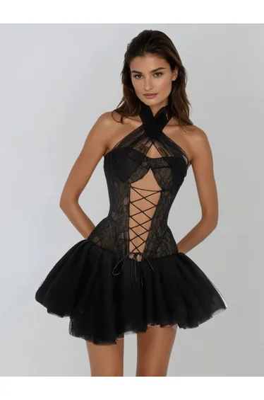 Vavyra Halterneck Lace Up Cutout Mini Dress