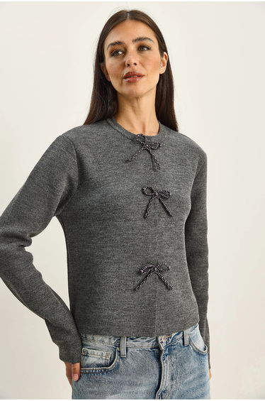 LUCCI Crew Neck Knit Cardigan with Bow Detail