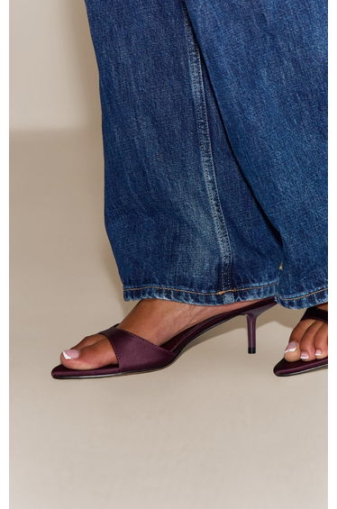 Plum Satin Point Toe Thin Strap Low Stiletto Heeled Mules