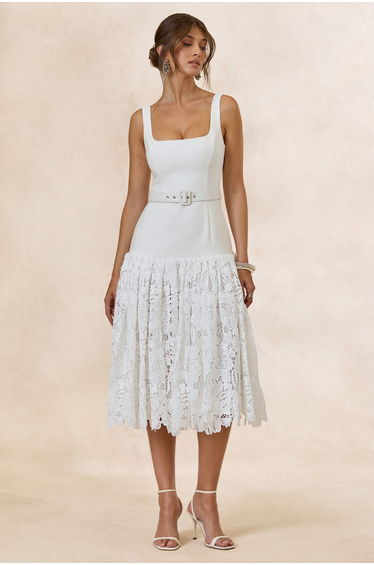 Norrie | White Square-Neck Midi Dress With Voluminous Lace Skirt