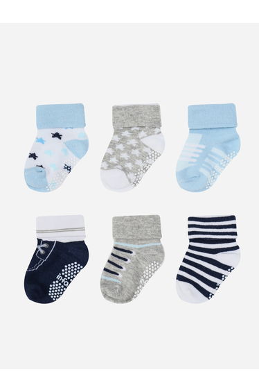 Pack of 6 - Baby Cotton Anti Slip Turn Head Socks 0-6M
