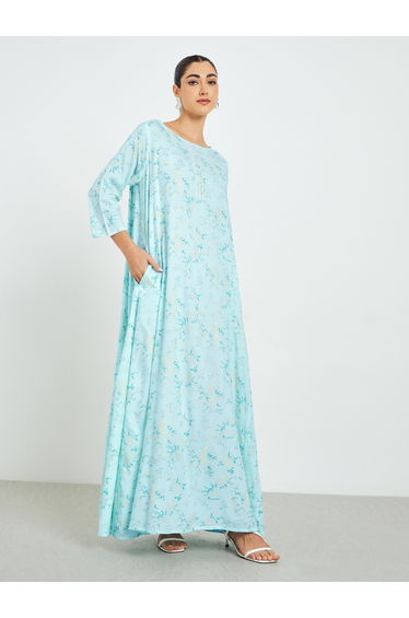 Blue Floral Printed A-Line Jalabiya