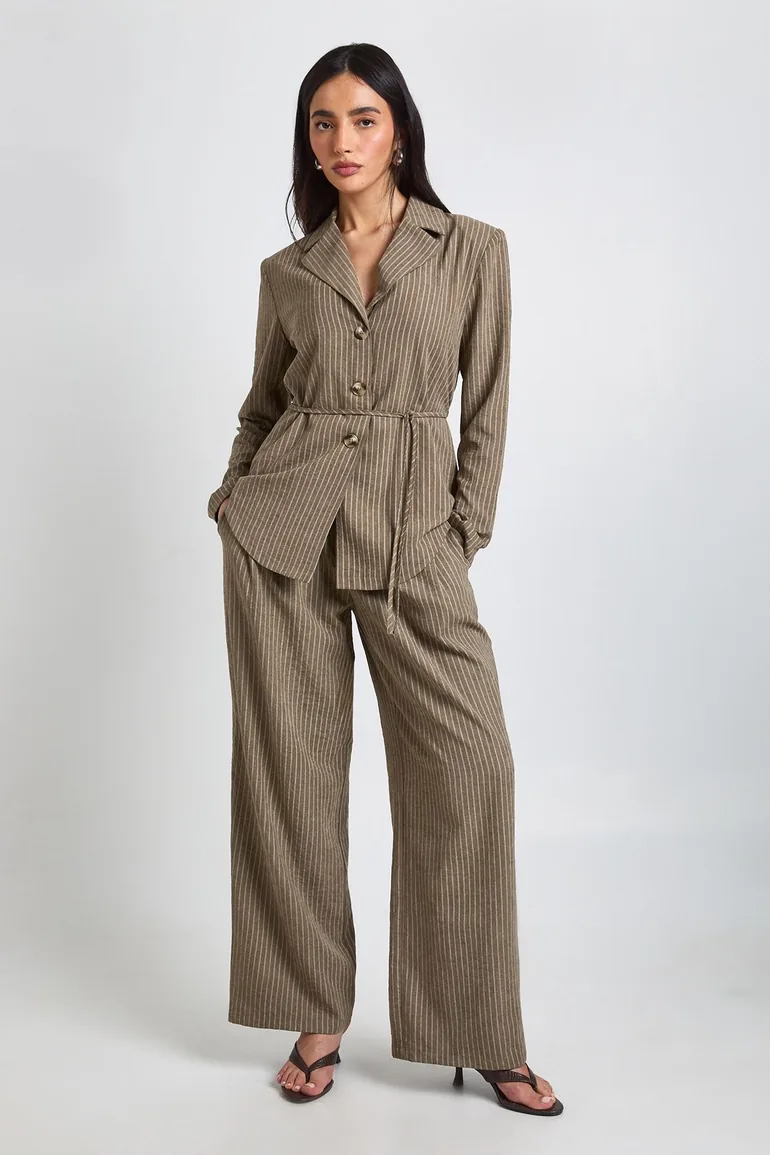 Peached Pleat Front Wide Leg Trouser - khaki