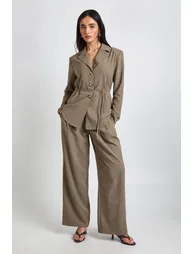 Peached Pleat Front Wide Leg Trouser - khaki