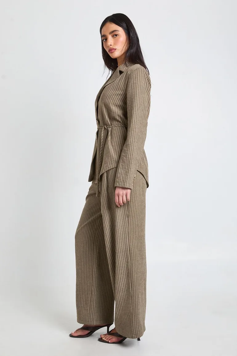Peached Pleat Front Wide Leg Trouser - khaki - 2