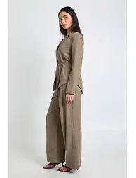 Peached Pleat Front Wide Leg Trouser - khaki - 2