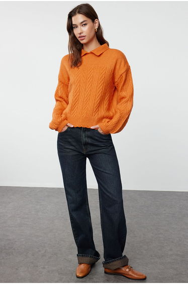 Orange Wide Fit Soft Textured Hair Braided Knitwear Sweater