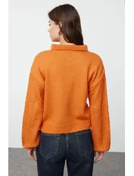 Orange Wide Fit Soft Textured Hair Braided Knitwear Sweater - 3