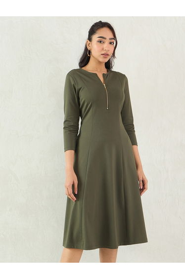 Olive Solid Half Zip A-Line Midi Dress