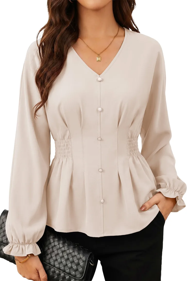 Lvness Oatmeal V Neck Long Sleeve Smocked Waist Elegant Blouse - 3