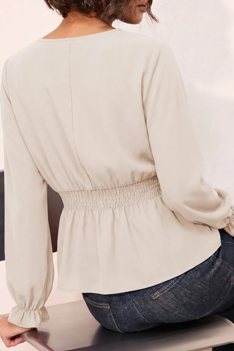 Lvness Oatmeal V Neck Long Sleeve Smocked Waist Elegant Blouse - 2