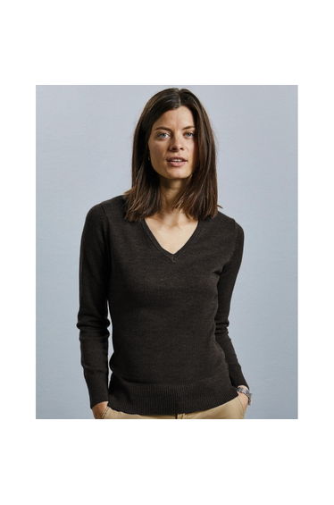 Russell Collection Ladies/Womens V-Neck Knitted Pullover Sweatshirt - Charcoal Marl