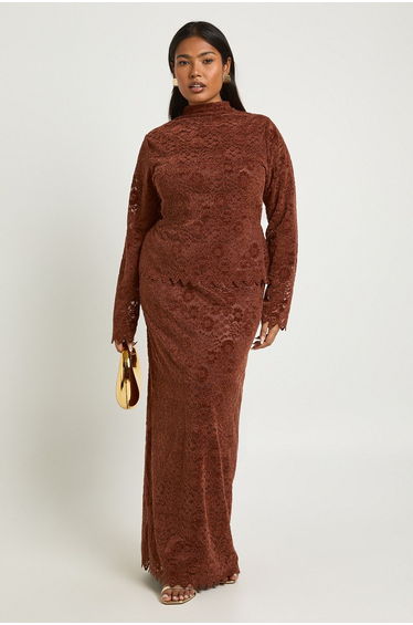 Plus Premium Lace High Neck Long Sleeve Top - chocolate