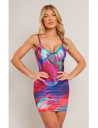 Multi Abstract Print Satin Underwired Strappy Bodycon Dress
