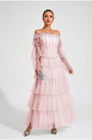 Landon Pink Mesh Tiered Dress