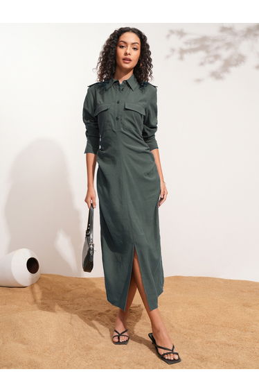 Solid Collared Shirt Midi Dress with Front Slit Detail