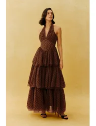 Lasting Allure Brown Polka Dot Halter Neck Tulle Maxi Dress - 4