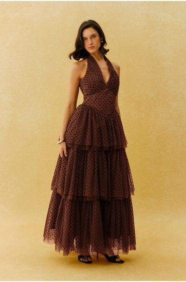 Lasting Allure Brown Polka Dot Halter Neck Tulle Maxi Dress