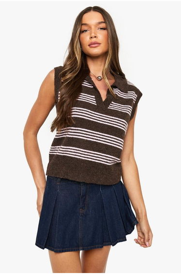 Collared V Neck Knitted Thin Stripe Vest - chocolate