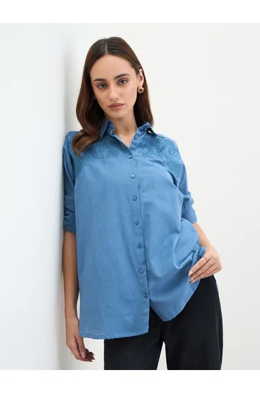 Blue Embroidered Longline Shirt