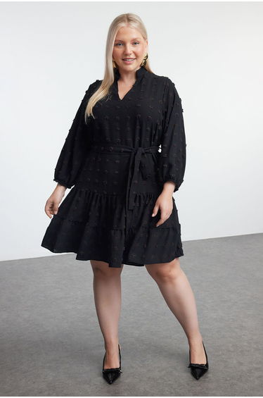 Black V-Neck Belted Pompom Woven Midi Plus Size Dress