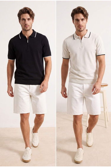 Black-Ecru 2'Li Package Regular Cut Collar and Sleeve Striped Polo Neck T-Shirt