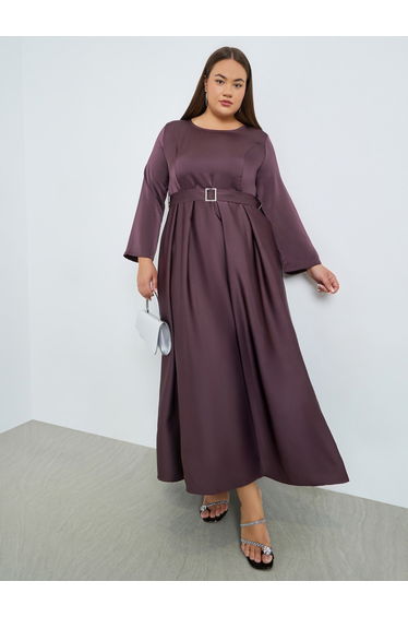Plus Size Satin A-Line Maxi Dress with Belt