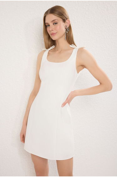 White A-Line Bow Mini Woven Dress