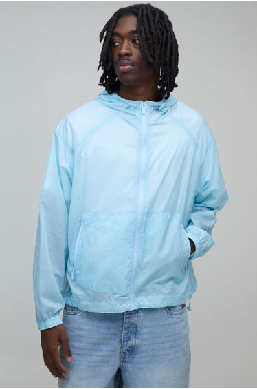 Oversized Boxy Transparent Hooded Toggle Cagoule - blue
