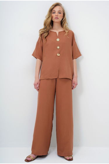 Women Caramel V Neck Metal Gold Button Detail Aerobin Blouse and Pant Bottom Top Set