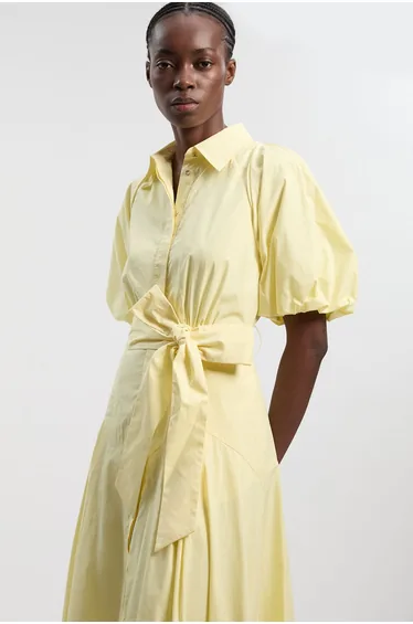 Cotton Puff Sleeve Woven Midi Shirt Dress With Dropped Waist Detail