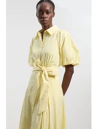 فستان قميص ميدي قطن بخصر منسدل بأكمام منفوخة - 1