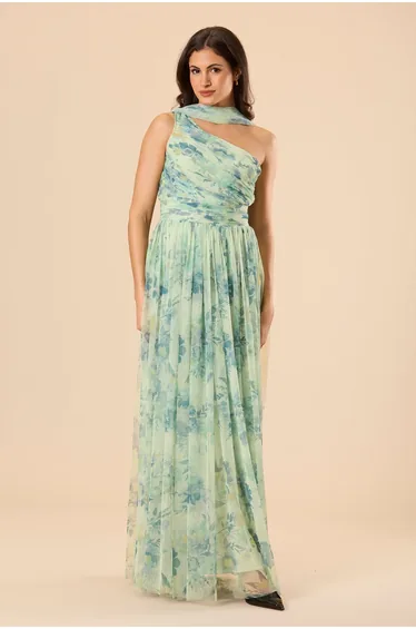 فستان ماكسي تول بكتف واحد بتفصيلة وشاح بطبعة أزهار