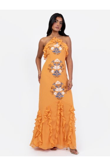 Maya Orange Embellished Halter Neck Ruffled Maxi Dress