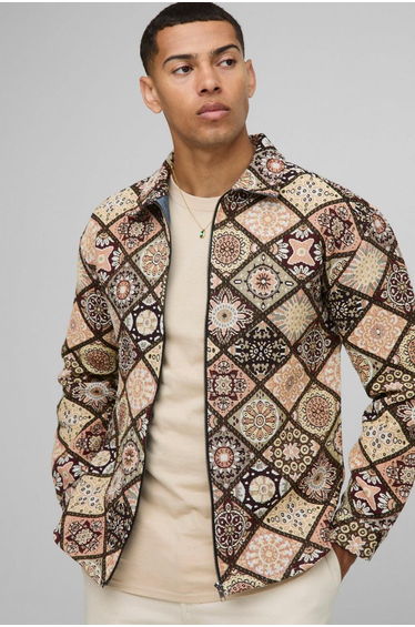Long Sleeve Zip Through Diamond Tapestry Overshirt - stone