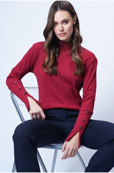 Women's Burgundy Turtleneck Slit Sleeve Button Detail Knitted Blouse