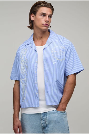 Oversized Crop Graffiti Print Half Sleeve Shirt - blue