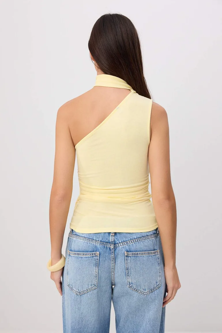 Yellow Fitted Asymmetrical Collar Tie Detail Soft Knitted Blouse - 2