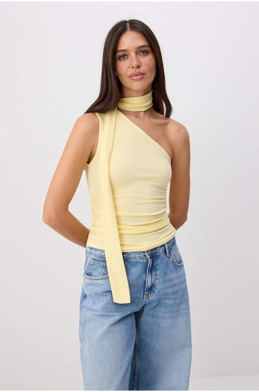 Yellow Fitted Asymmetrical Collar Tie Detail Soft Knitted Blouse