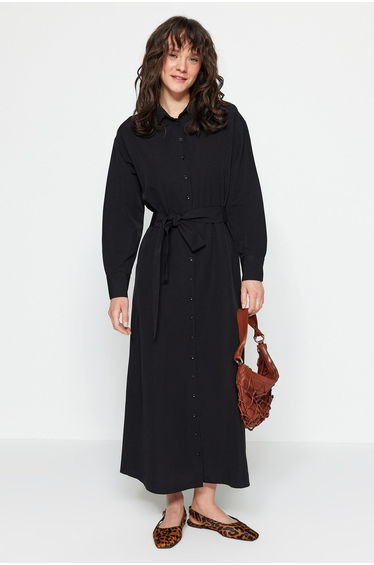 Black Column Maxi Shirt Dress with Long Sleeves