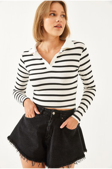 Women's Polo Collar Striped Blouse
