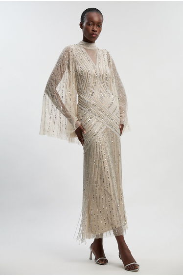 Petite Embellished Woven Maxi Dress With Cape Sleeve
