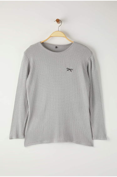 Gray Hair Braided Ribbon/Bow Embroidered Thin Knit Sweater