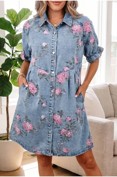 Lvness Sky Blue Floral Print Denim Short Sleeve Button Down Dress