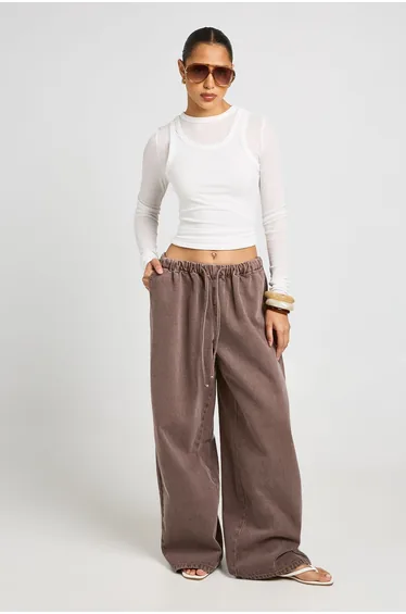 Elasticated Waistband Wide Leg Jean - chocolate