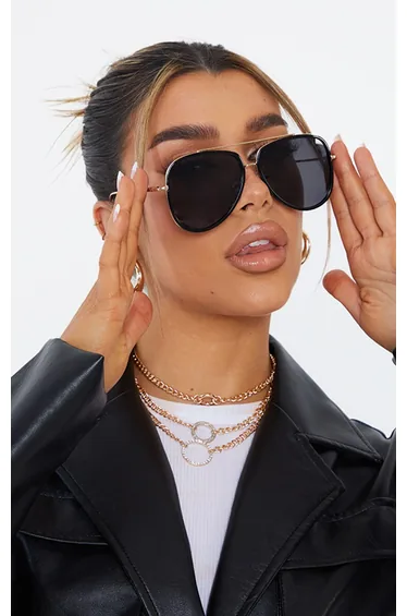 Black Oversized Gold Detail Aviator Sunglasses