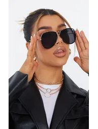 Black Oversized Gold Detail Aviator Sunglasses