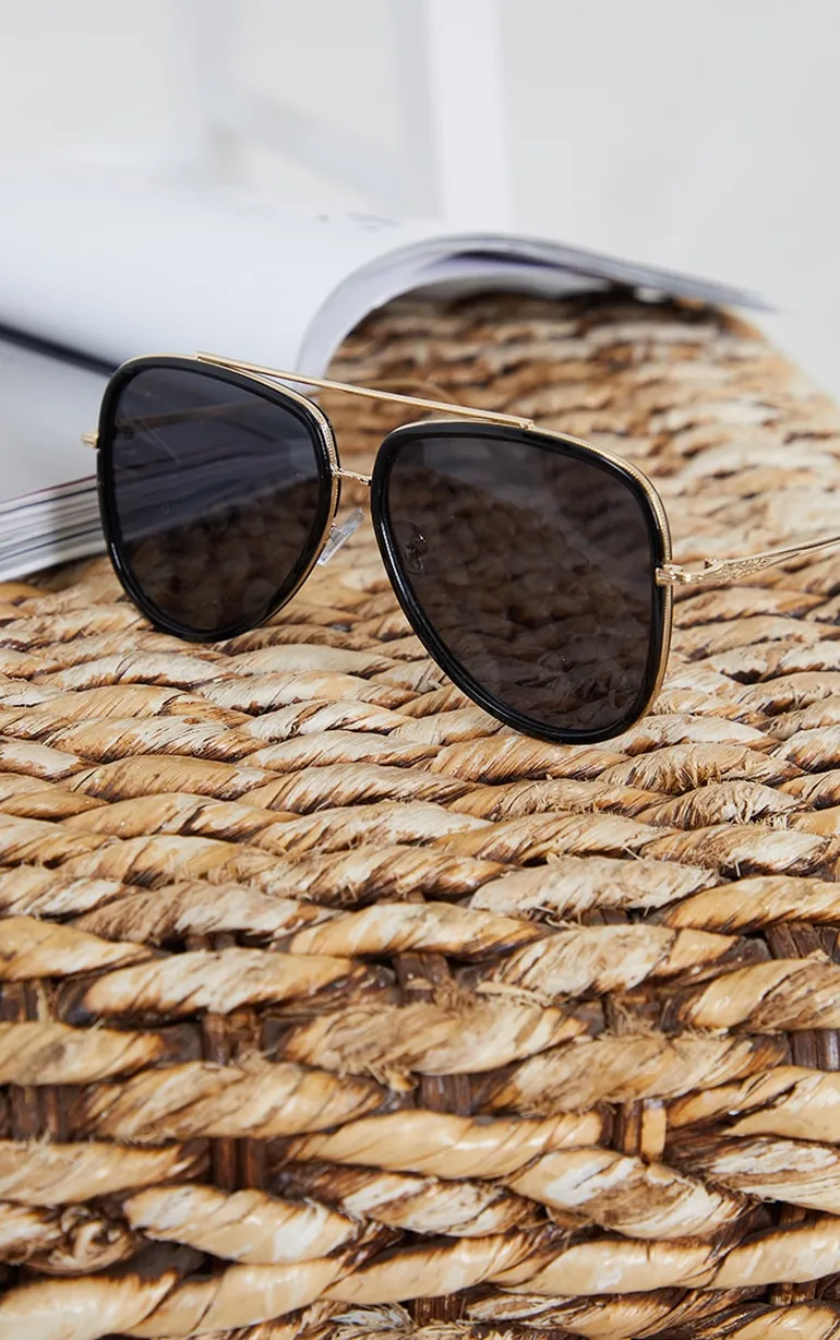 Black Oversized Gold Detail Aviator Sunglasses - 1