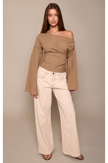 Mushroom Cotton Linen Blend Asymmetric Drape Sleeve Top