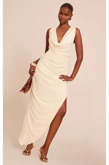 فستان ميدي شيفون مزموم بياقة منسدلة - كريمي